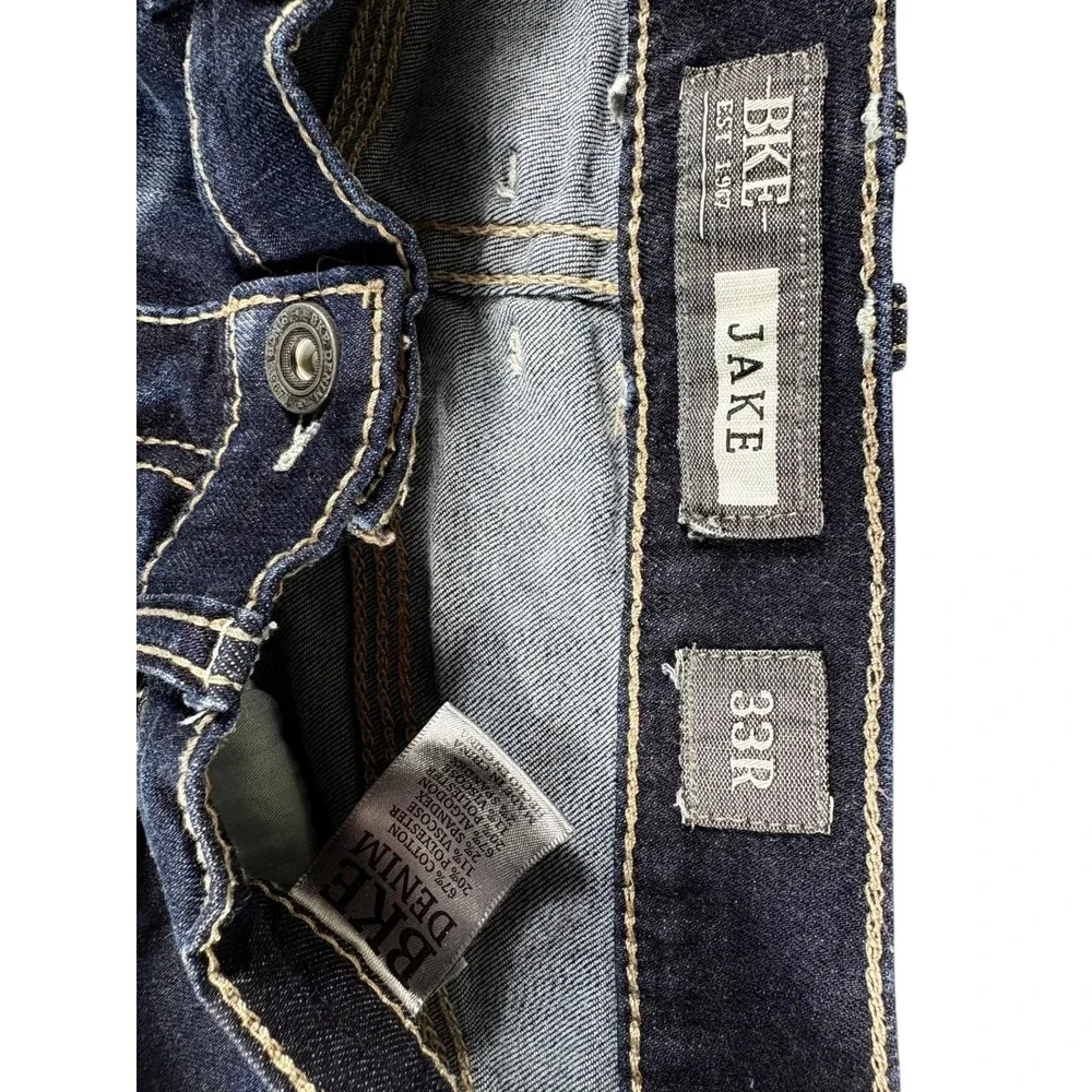 BKE Jake Jeans Mens 33R Blue Denim Dark Washed Faded Rugged Stretch Straight Leg